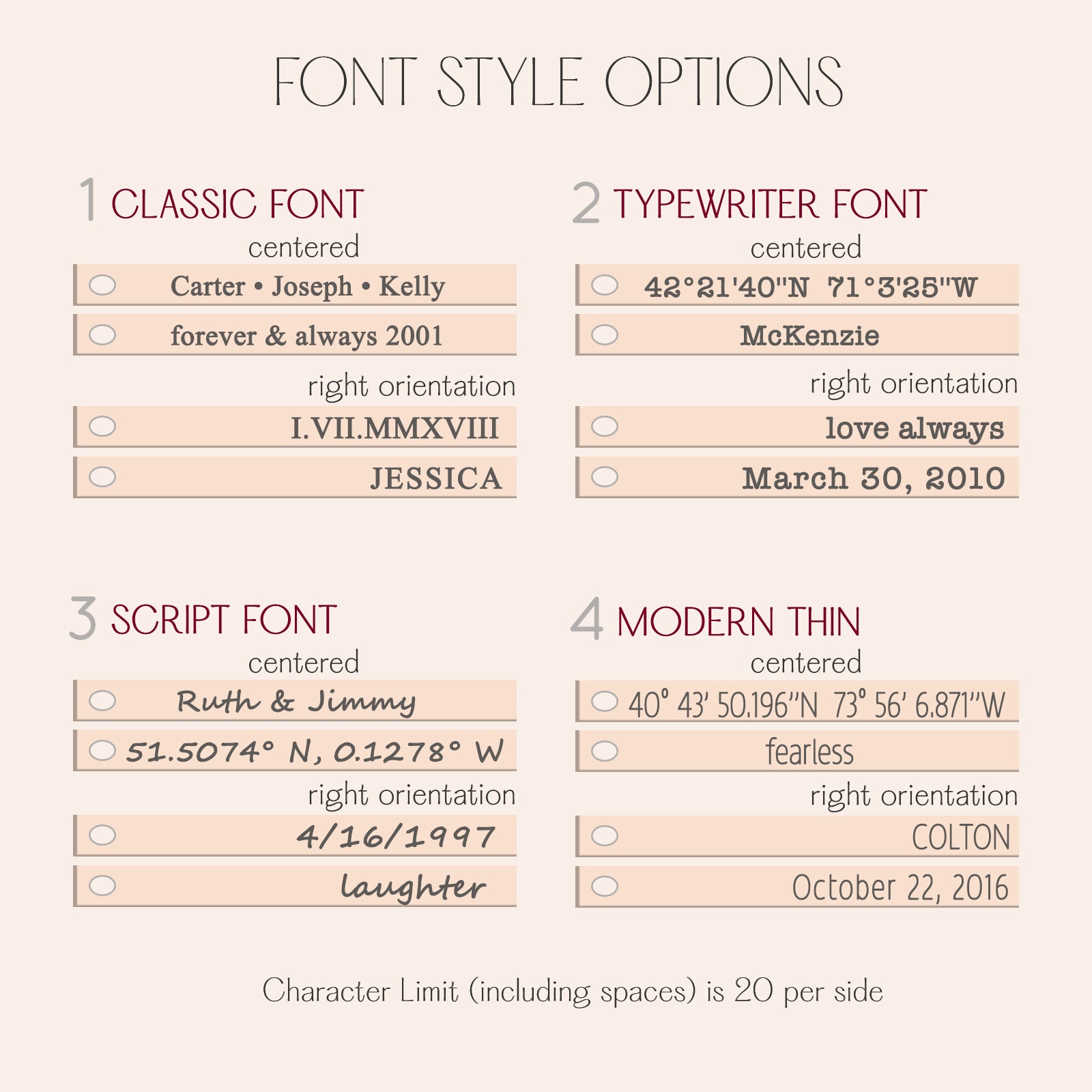 Reference chart showing classic, typewriter, script and modern fonts available for the 3D bar engraving. Choose letter styles for a custom initial necklace or longer name phrases. This guide helps customers visualize their engraved bar pendant before ordering—ideal for coordinating sets such as bridal party or graduation gifts.