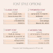 Reference chart showing classic, typewriter, script and modern fonts available for the 3D bar engraving. Choose letter styles for a custom initial necklace or longer name phrases. This guide helps customers visualize their engraved bar pendant before ordering—ideal for coordinating sets such as bridal party or graduation gifts.