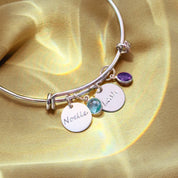 Round Birthstone Mother's Bangle with Engraved Disk Name Charms