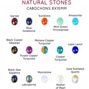 Oval Cabochon Stone Options for Necklace.  Garnet, Blue Goldstone, Sunstone, Mint-Green Chrysoprase, Amazonite, Black Copper Obsidian, Purple Copper Turquoise, Mohave Copper Turquoise, Copper Turquoise, Lapis Lazuli, Black Tiger's Eye