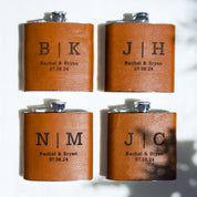 Celebrate your wedding party, groomsman, bridesmaids with these engraved flasks. Four engraved wedding party flasks in honey color to commemorate wedding date.