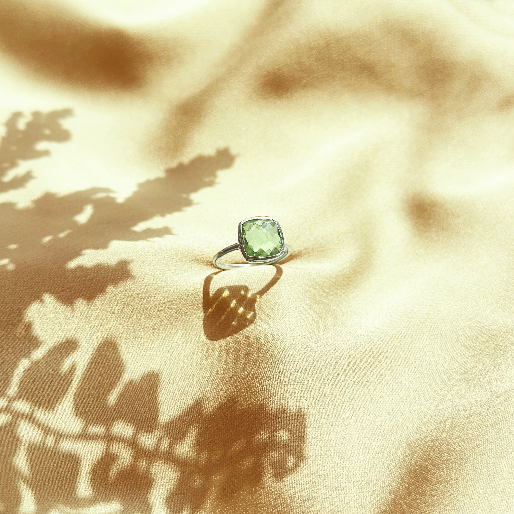 Green Amethyst Cushion Set Bezel Ring: February Birthstone Sterling Silver