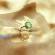 Green Amethyst Cushion Set Bezel Ring: February Birthstone Sterling Silver