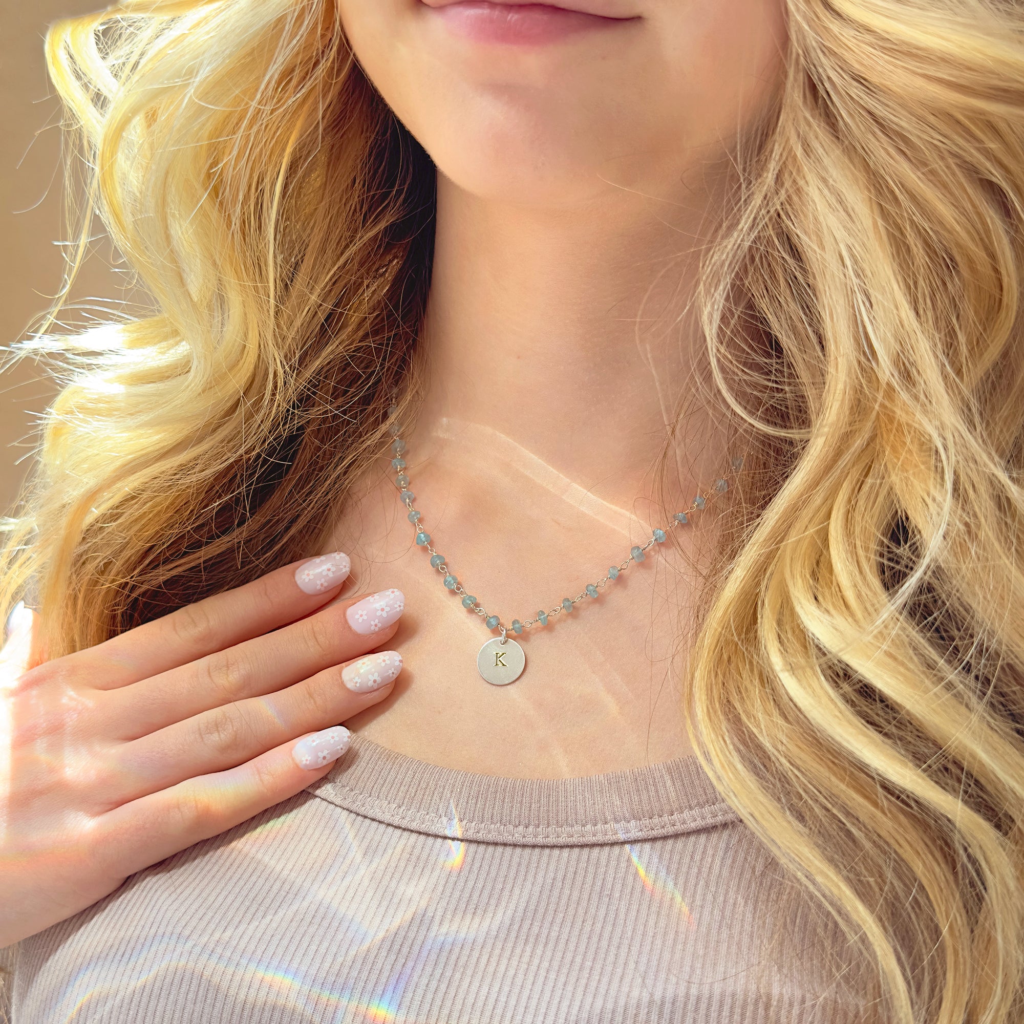 Gemstone Daisy Chain Necklace with Custom Initial, Sterling Silver or Gold, Natural Crystal Choker, Personalized Unique Wire Wrapped Gift for Her