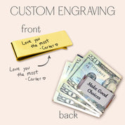 Custom engraving money clip shown in gold and silver with front and back personalization options. The gold clip displays a child’s handwritten note, “Love you the most – Carter,” while the silver clip secures folded cash with the phrase “Make Good Choices.” Illustration shows how a photo of handwriting is engraved on the metal. Personalized men’s gift for dad, husband, or graduate; slim wallet alternative for Father’s Day, birthdays, or graduation, handcrafted by Danique Jewelry.