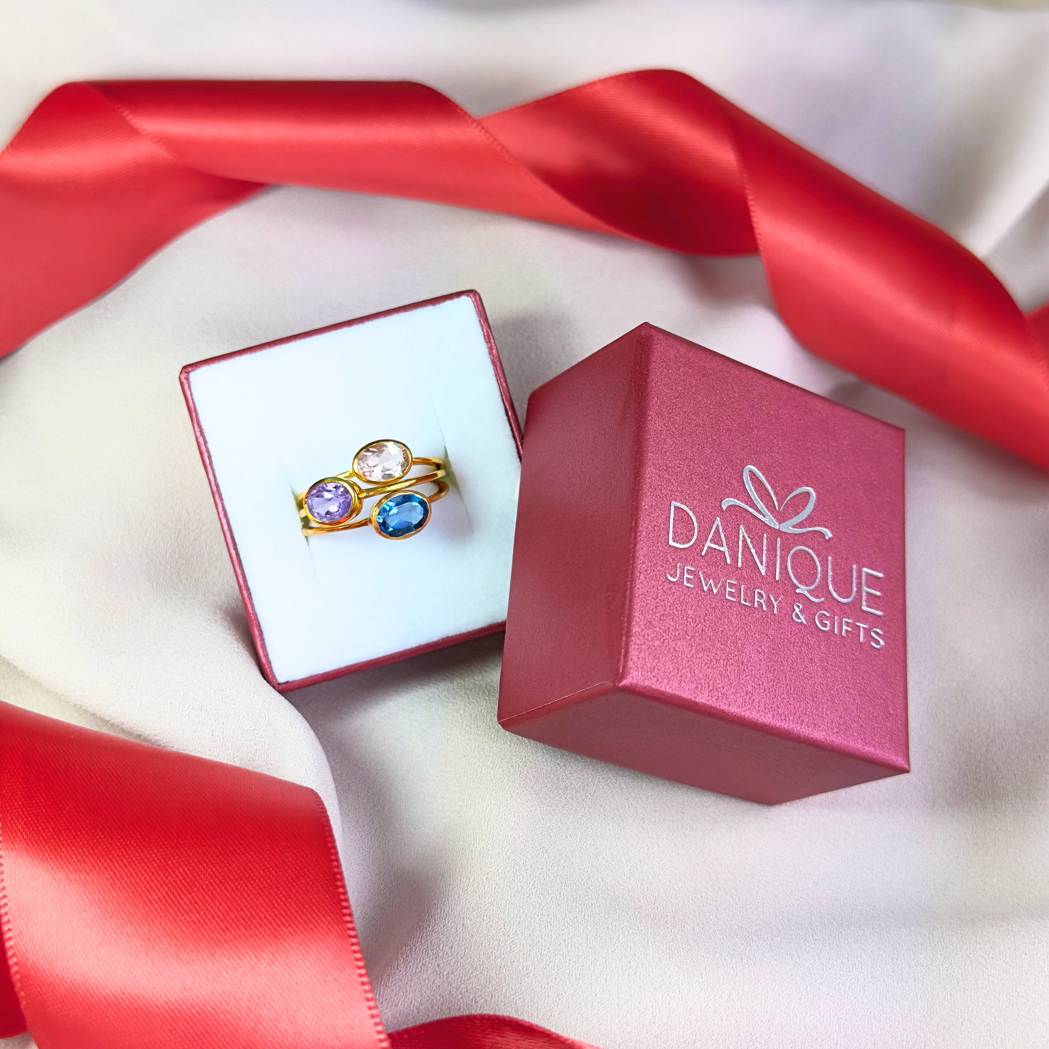 Gifting Ready! Gold plated clear quartz, purple amethyst and kyanite oval rings in signature danique gift box. stack set, stacking rings, gemstone ring, birthstone ring, mother's day gift for her, gift for mom, gift for fiance, gift for girlfriend, wedding jewelry, bridesmaid jewelry, anniversary jewelry, anniversary gift, birthday gift, christmas gift, valentine's day gift, valentine's day rings, dainty ring, cocktail ring, statement ring, bezel set