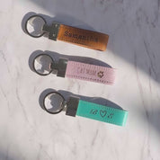 custom leather loop key chain gifts with special date, dog mom, cat mom, turquoise, both sides engravable