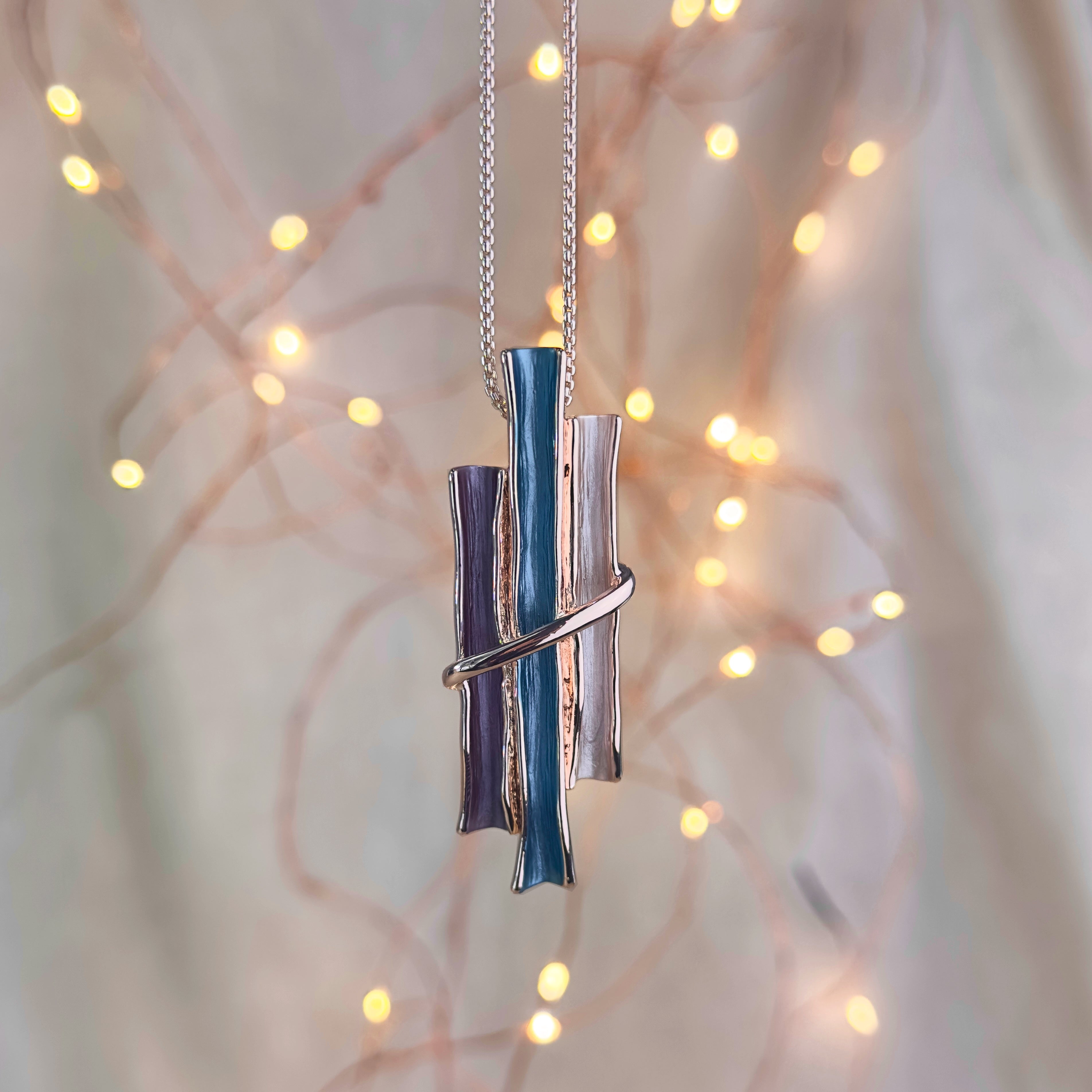 Rose gold boho style geometric branch pendant necklace. statement jewelry, statement boho necklace, purple, blue, gray, rose. bohemian jewelry,