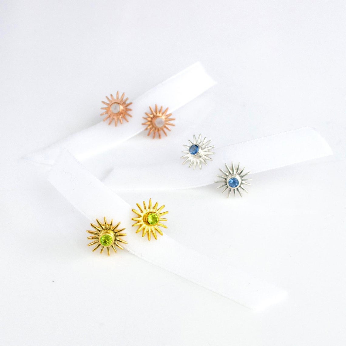 sun burst stud earrings with 3mm birthstones rose gold sterling silver yellow gold