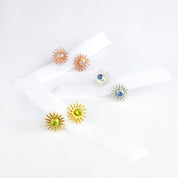 sun burst stud earrings with 3mm birthstones rose gold sterling silver yellow gold