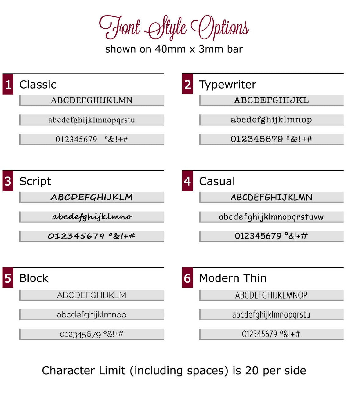 Skinny bars can be engraved with morse code or plain text. Choose from our font style options n the 40mmx3mm bar including classic, typewriter, scripts, block, or modern thin.