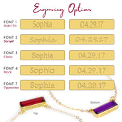 Choose from our engraving font options include modern thin, script, classic, block and typewriter. Please limit engraving text to 10 characters.