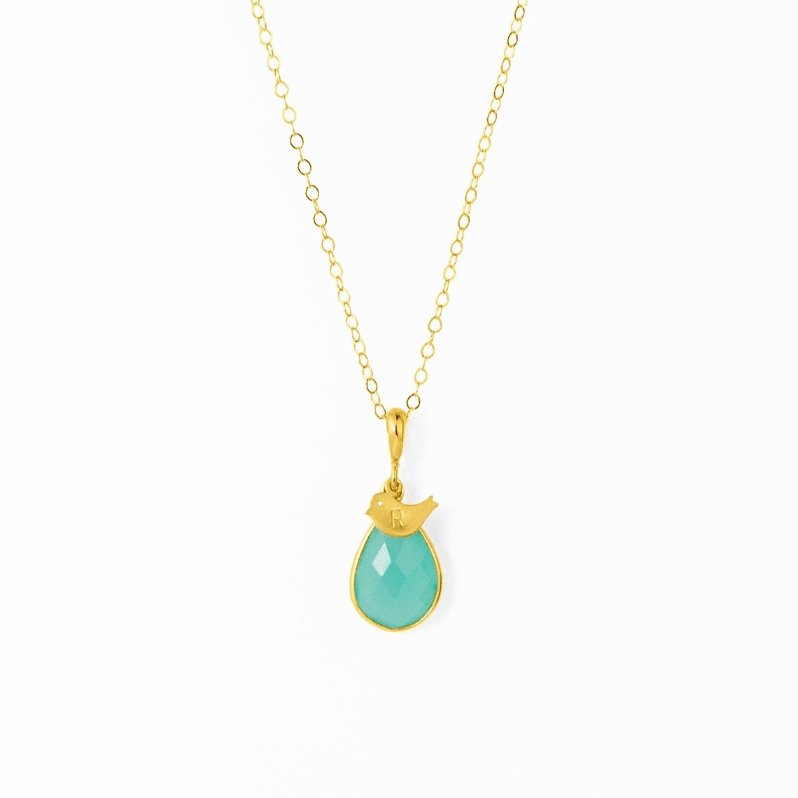 Teardrop Birthstone with Hand Stamped Bird Initial Charm Necklace, Bezel Set Gemstone Necklace, 925 Silver, Gold Filled, Gold Vermeil Gift for Women