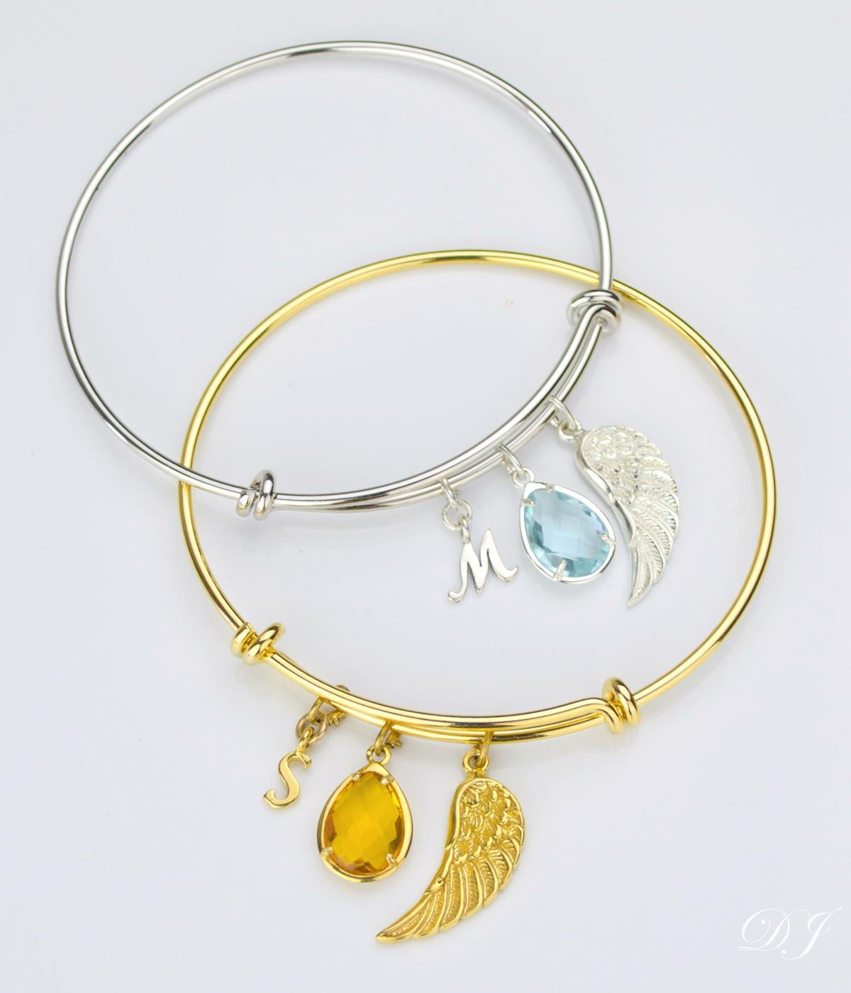Personalized Birthstone Charm Adjustable Gold or Silver Bangle Bracelet