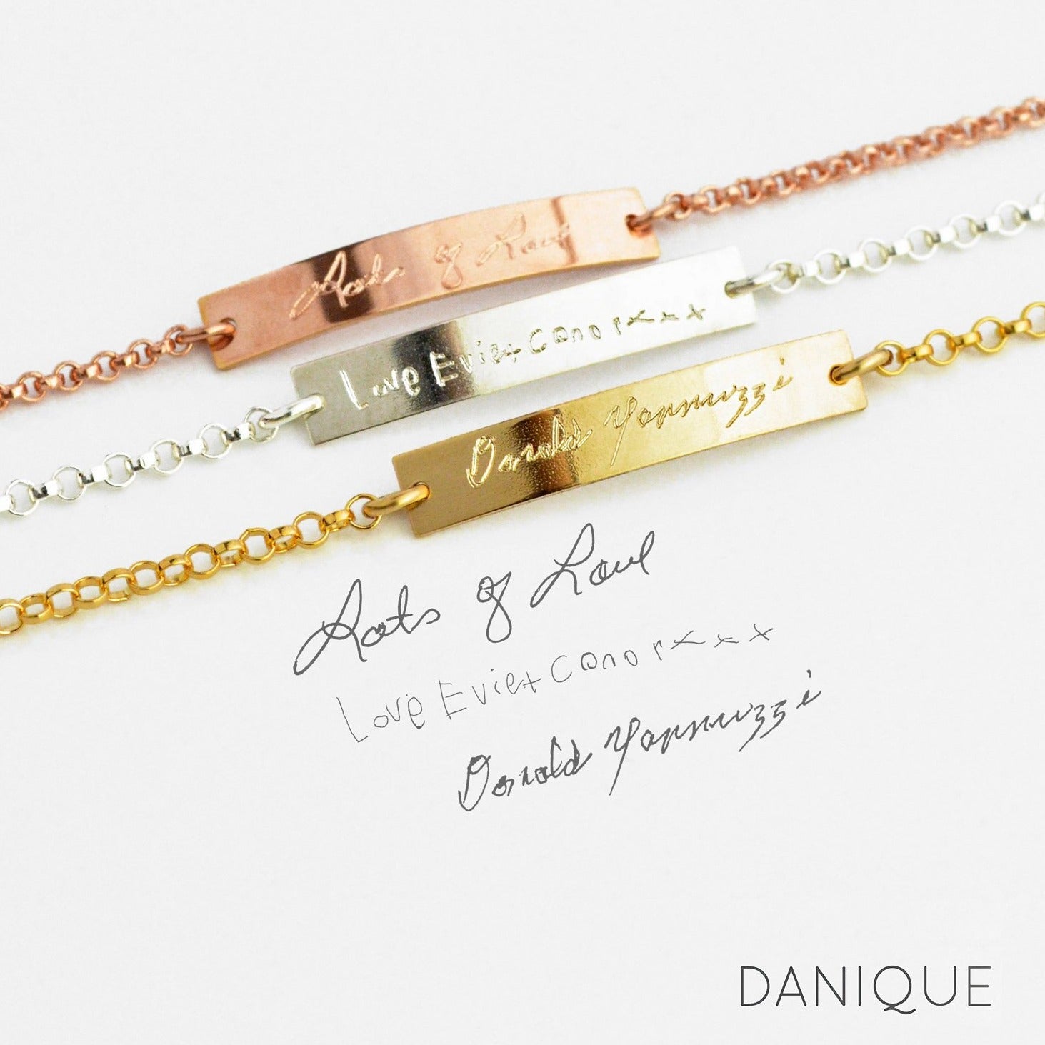 Bar bracelets come in rose gold filled, sterling silver or gold filled. Each bracelet displayed has custom handwriting engraved from a photo.
