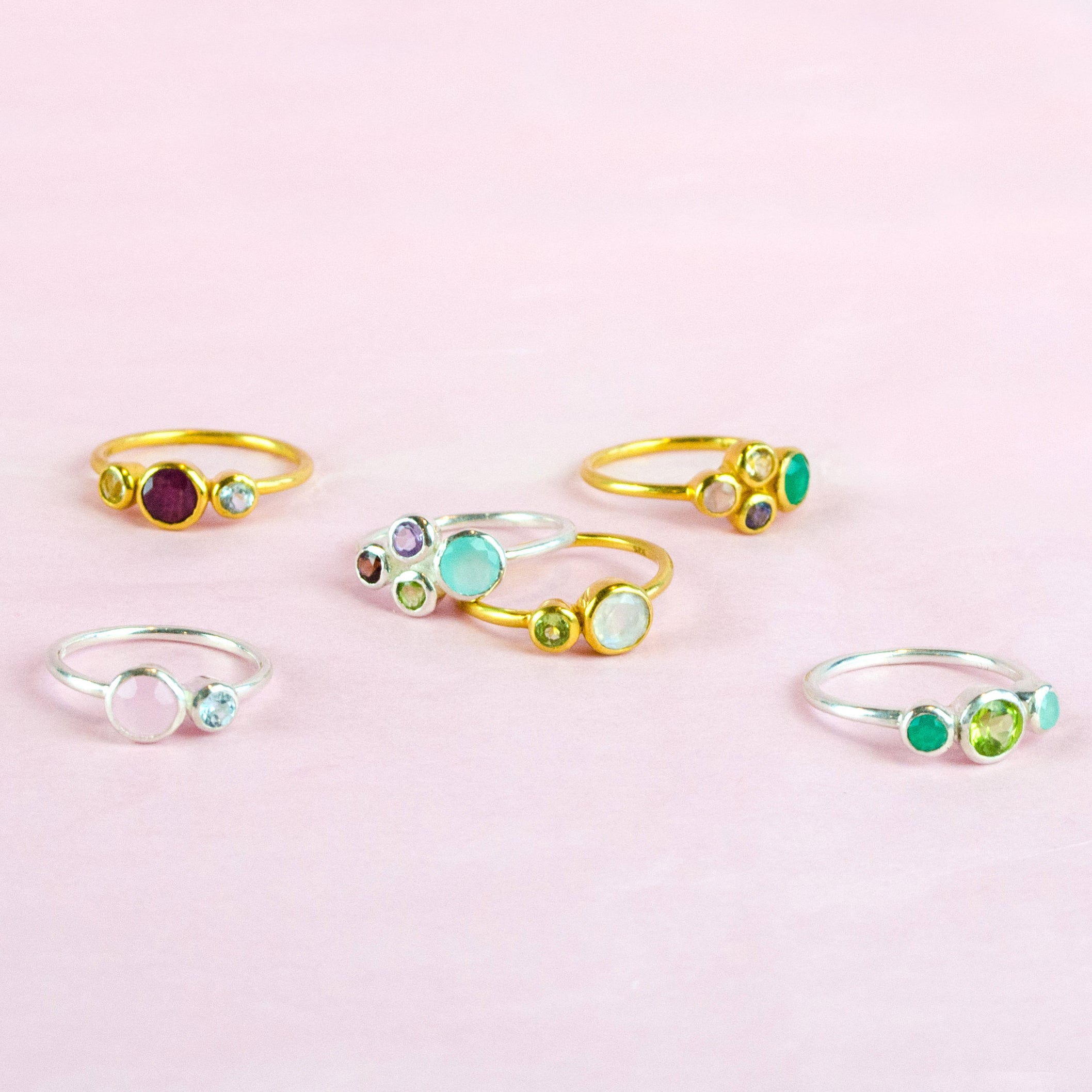 Shop the dainty bezel ring collection featuring 3mm and 5mm birthstones available in gold filled, rose gold filled and sterling silver.