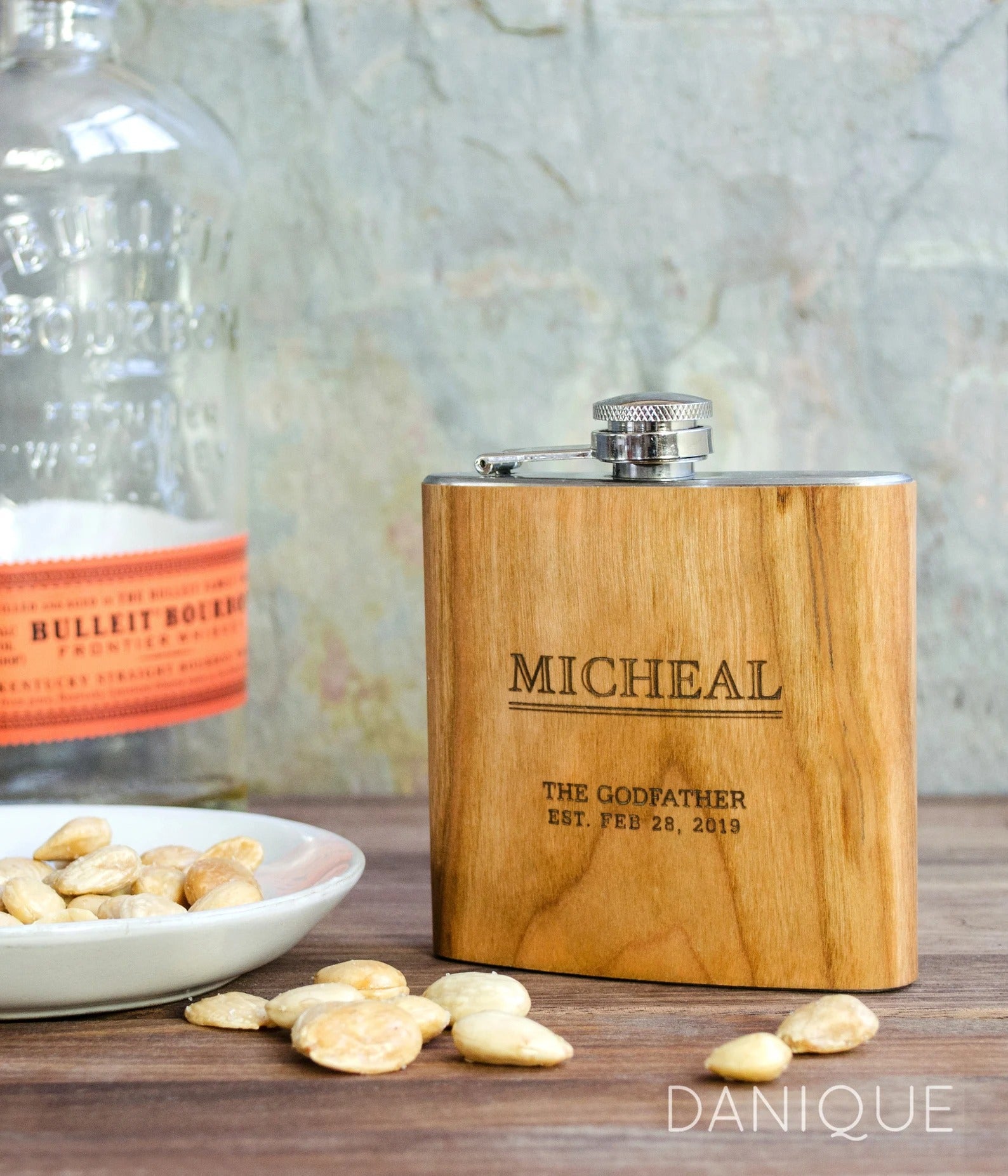 One custom engraved wood flasks in cedar with name and groomsman message. Fantastic as party favor, christmas gifts, or gifts for Dad, husband or boyfriend.