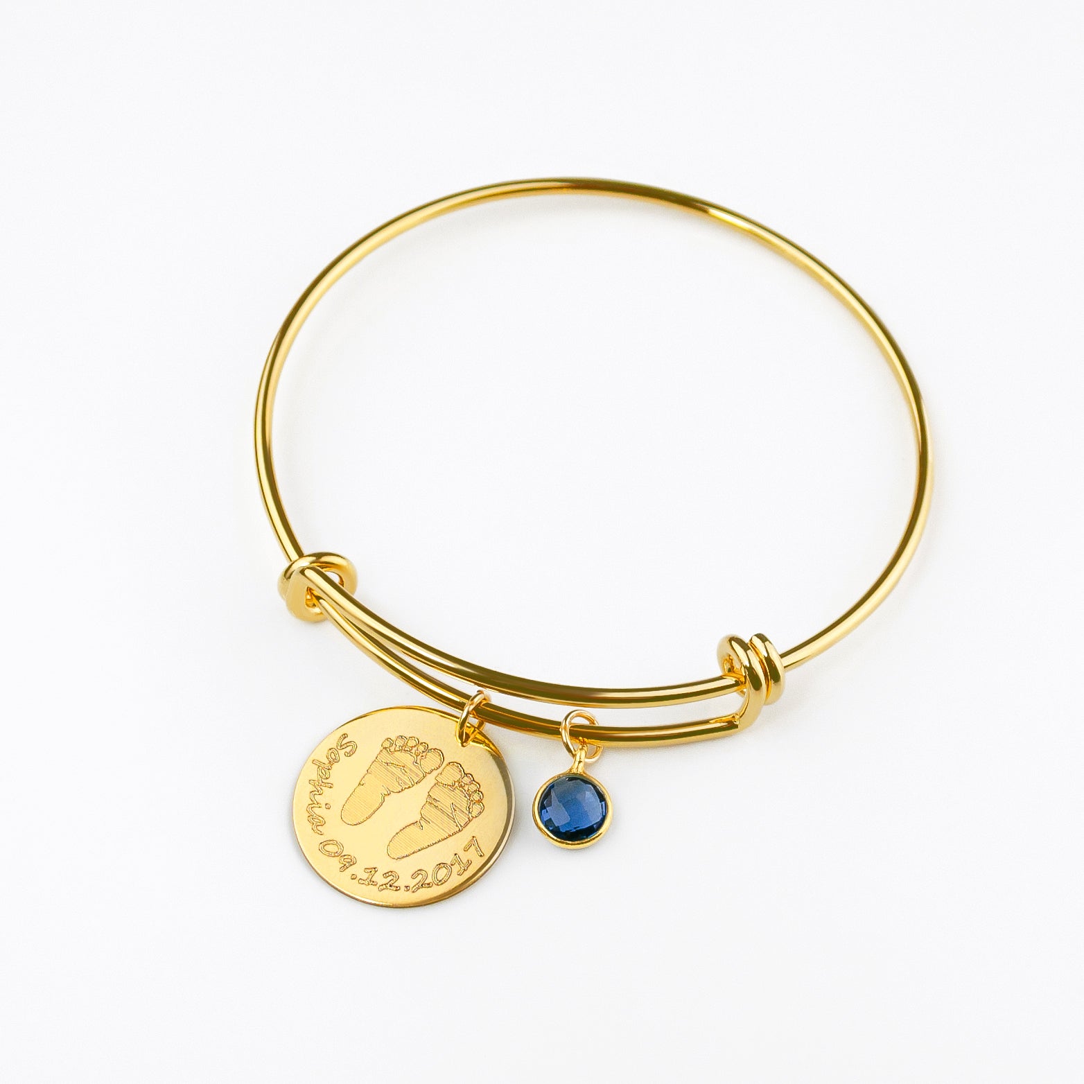 Gold bangle bracelet with engraved name, date, footprint disk with kyanite birthstone. Personalized Baby's Name Bracelet, Custom Baby Footprint Bangle Bracelet, Gold, Silver, Sentimental, Thoughtful, New Mom Gift, Christmas Gift for New Mother, Push Present Jewelry for Mom, Birthstone Bracelet, birthstone bangle, adjustable bangle bracelet, birth date name baby stats engraved keepsake