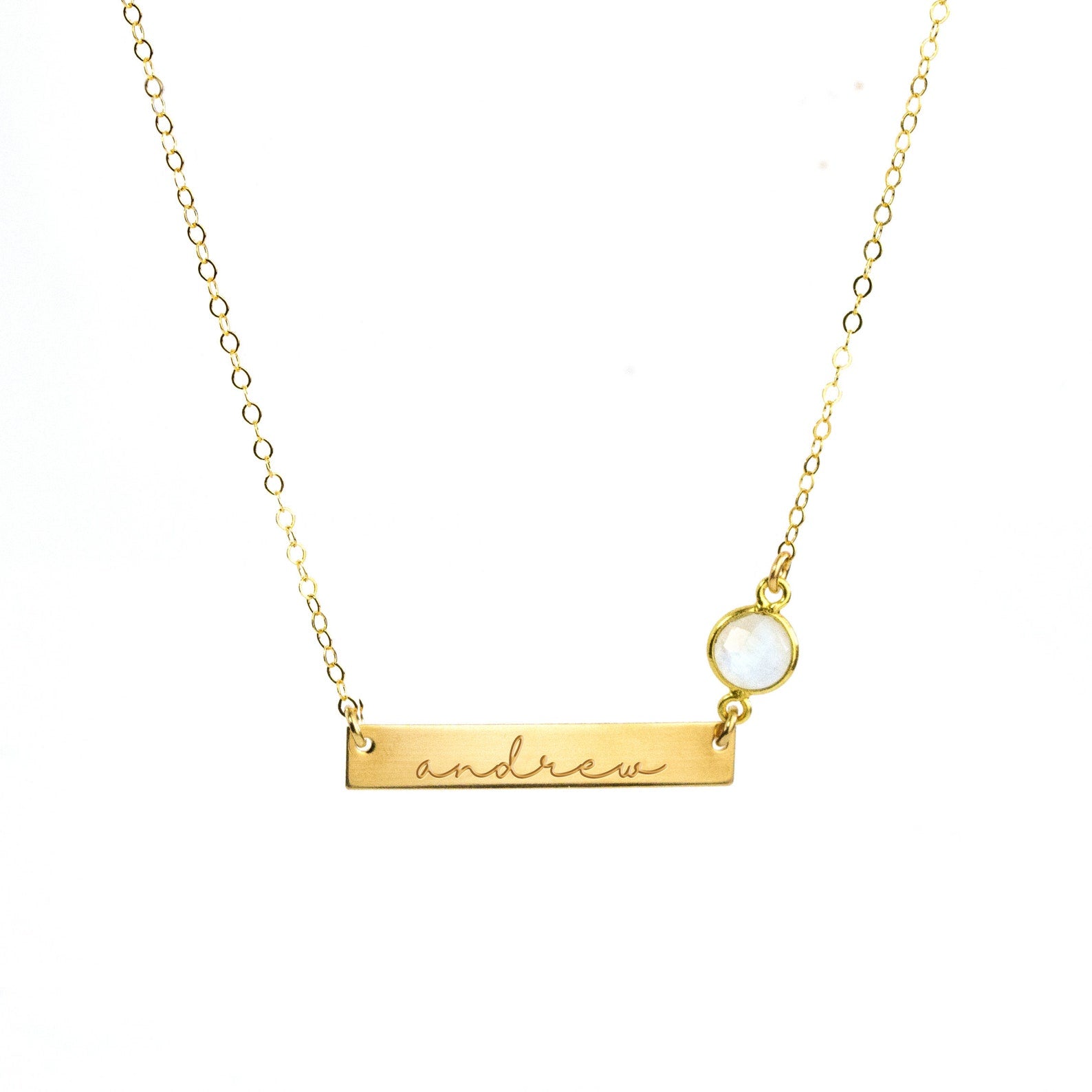 gemstoneandengravedbarpendantnecklacepersonalizedwithnameandbirthstoneofchilddaintybarnecklace