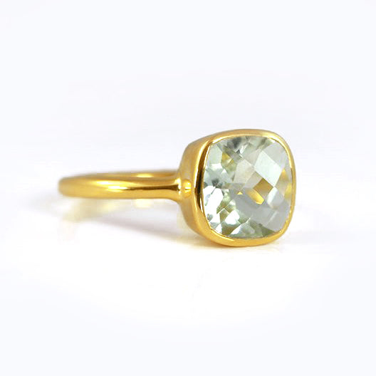Gold plated green amethyst ring, february birthstone jewelry, green gemstone ring, square cushion faceted green amethyst, Bezel set ring, Sterling silver ring, green amethyst gift, february birthday gift, green ring for her, birthstone ring, february birthstone