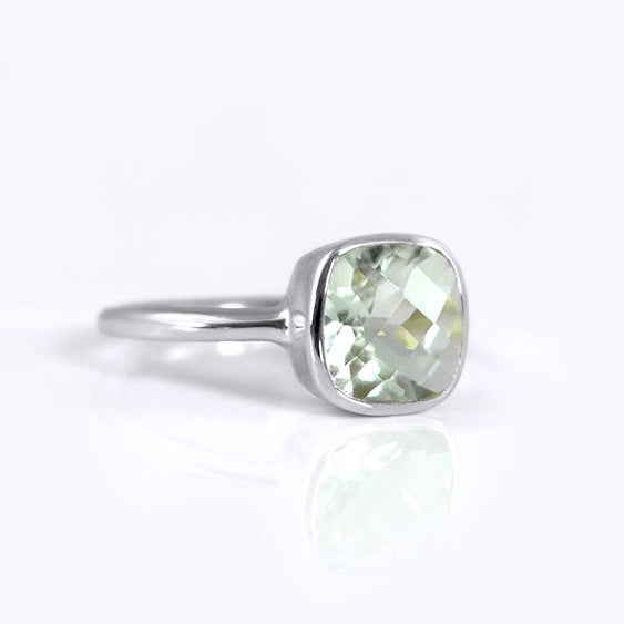 sterling silver green amethyst ring, february birthstone jewelry, green gemstone ring, square cushion faceted green amethyst, Bezel set ring, Sterling silver ring, green amethyst gift, february birthday gift, green ring for her, birthstone ring, february birthstone