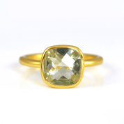 Gold plated green amethyst ring, february birthstone jewelry, green gemstone ring, square cushion faceted green amethyst, Bezel set ring, Sterling silver ring, green amethyst gift, february birthday gift, green ring for her, birthstone ring, february birthstone