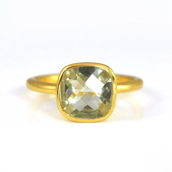 Gold plated green amethyst ring, february birthstone jewelry, green gemstone ring, square cushion faceted green amethyst, Bezel set ring, Sterling silver ring, green amethyst gift, february birthday gift, green ring for her, birthstone ring, february birthstone