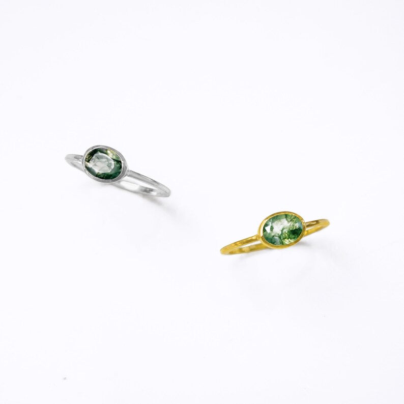 Sterling silver and gold moss agate rings shown on white background. stackable! Stacking rings, bezel set, small oval, tiny oval, dainty oval, birthstone rings, sterling silver stamp, birthstone ring, birthstone jewelry