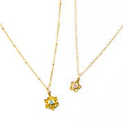 Mother and daughter necklace set bloom collection. Mother's gold filled necklace has a satellite chain and aqua chalcedony birthstone. Daughter's gold filled necklace is a cable chain and pink chalcedony birthstone.