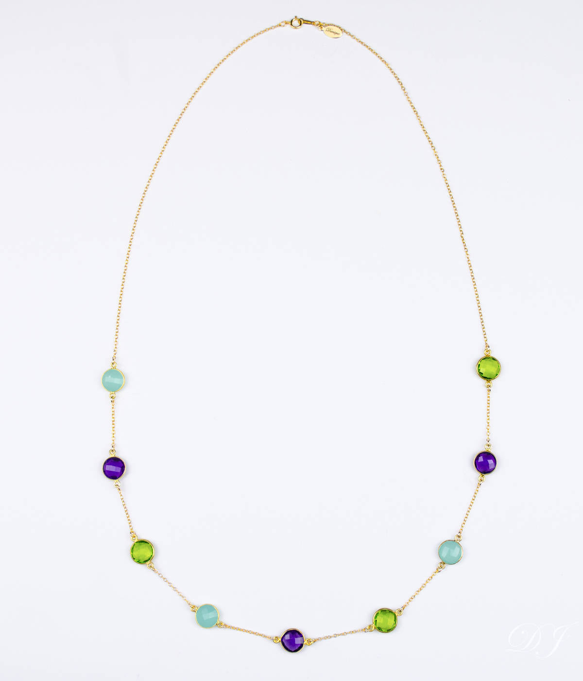 Long Purple Amethyst, Aqua Chalcedony and Peridot bezel station necklace