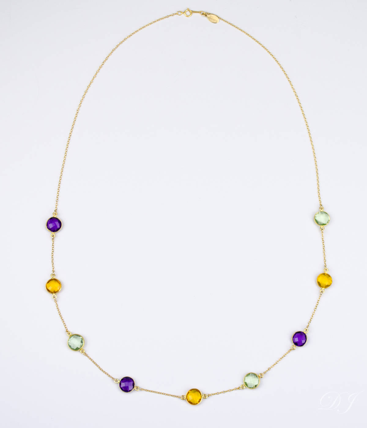 Long Purple Amethyst, Citrine, Green Amethyst bezel station necklace
