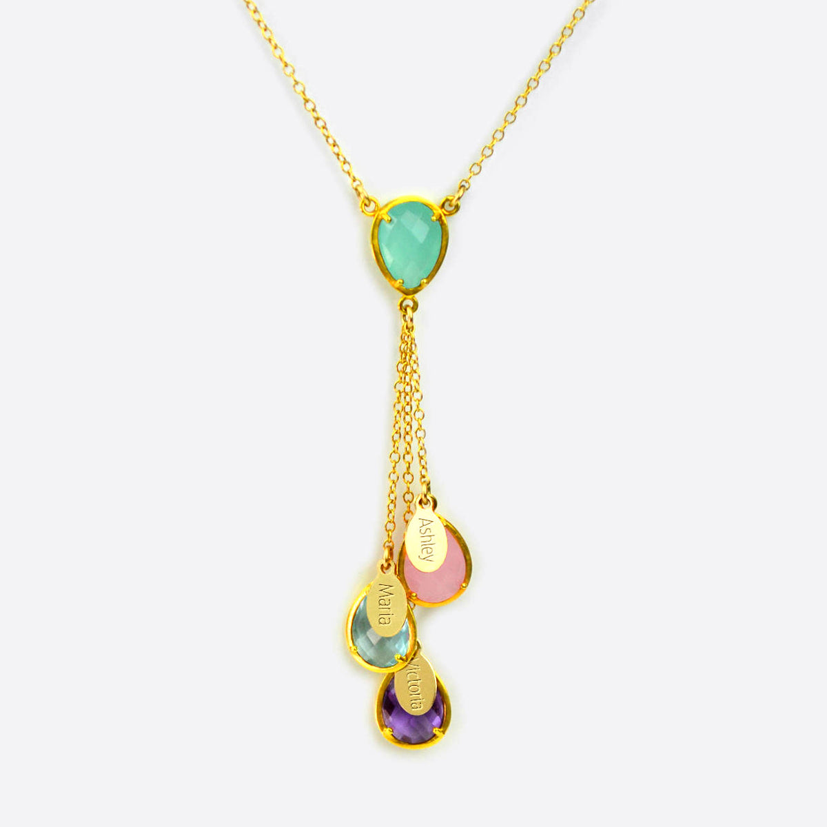 Single mother's gold lariat necklace with aqua chalcedony double loop teardrop birthstone and aqua chalcedony double loop teardrop birthstone, three hanging birthstones with full names engraved on name tags. Stones include: pinky chalcedony, blue topaz and purple amethyst