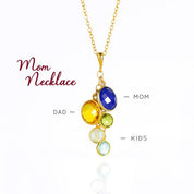 Mom necklace one in gold with cable chain with lapis, citrine, peridot, moonstone and blue topaz birthstones. Personalized two generations family tree birthstone necklace for grandma with kids and grandkids birthstones.