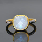 Moonstone gold plated cushion bezel square White topaz pave stacking ring on white background. June birthday, June gemstone, square gemstone, sterling silver, white rainbow birthstone,  stackable, stacking,