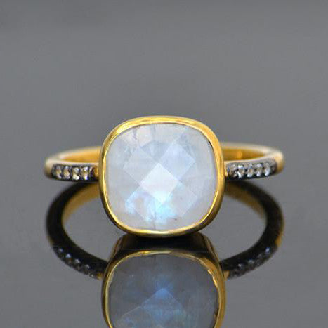 Moonstone gold plated cushion bezel square White topaz pave stacking ring on white background. June birthday, June gemstone, square gemstone, sterling silver, white rainbow birthstone,  stackable, stacking,