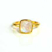 Moonstone gold plated cushion bezel square stacking ring on white background. june birthday, june gemstone square gemstone stackable ring sterling silver 925
