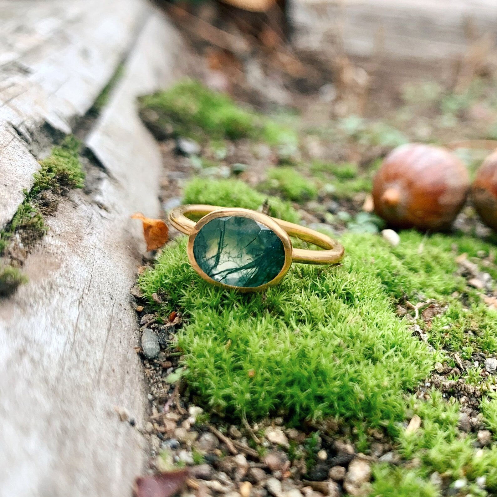 Natural Moss Agate Oval Bezel Ring