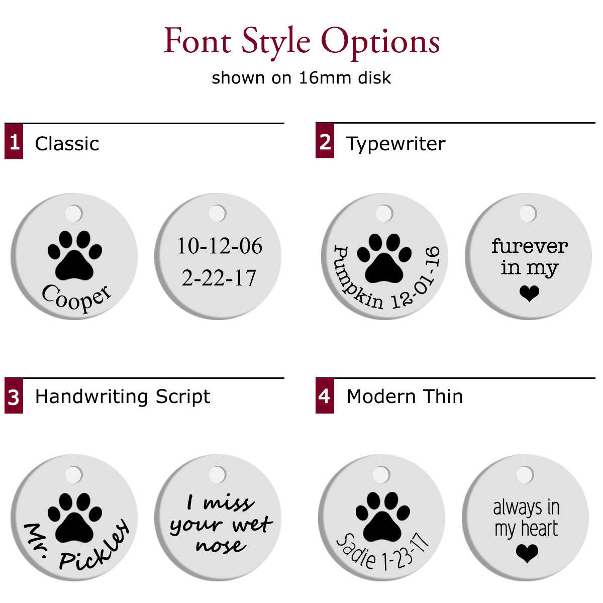 select from our font style options in classic, typewriter, handwriting script or modern thin.