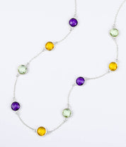 Long Purple Amethyst, Citrine, Green Amethyst bezel station necklace