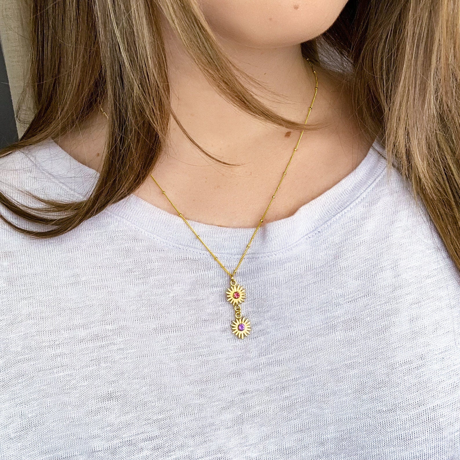rubyquartzpurpleamethystgemstonesforjulyandfebruarybirthmonthsyellowgoldconnectornecklacemomandchildnecklace