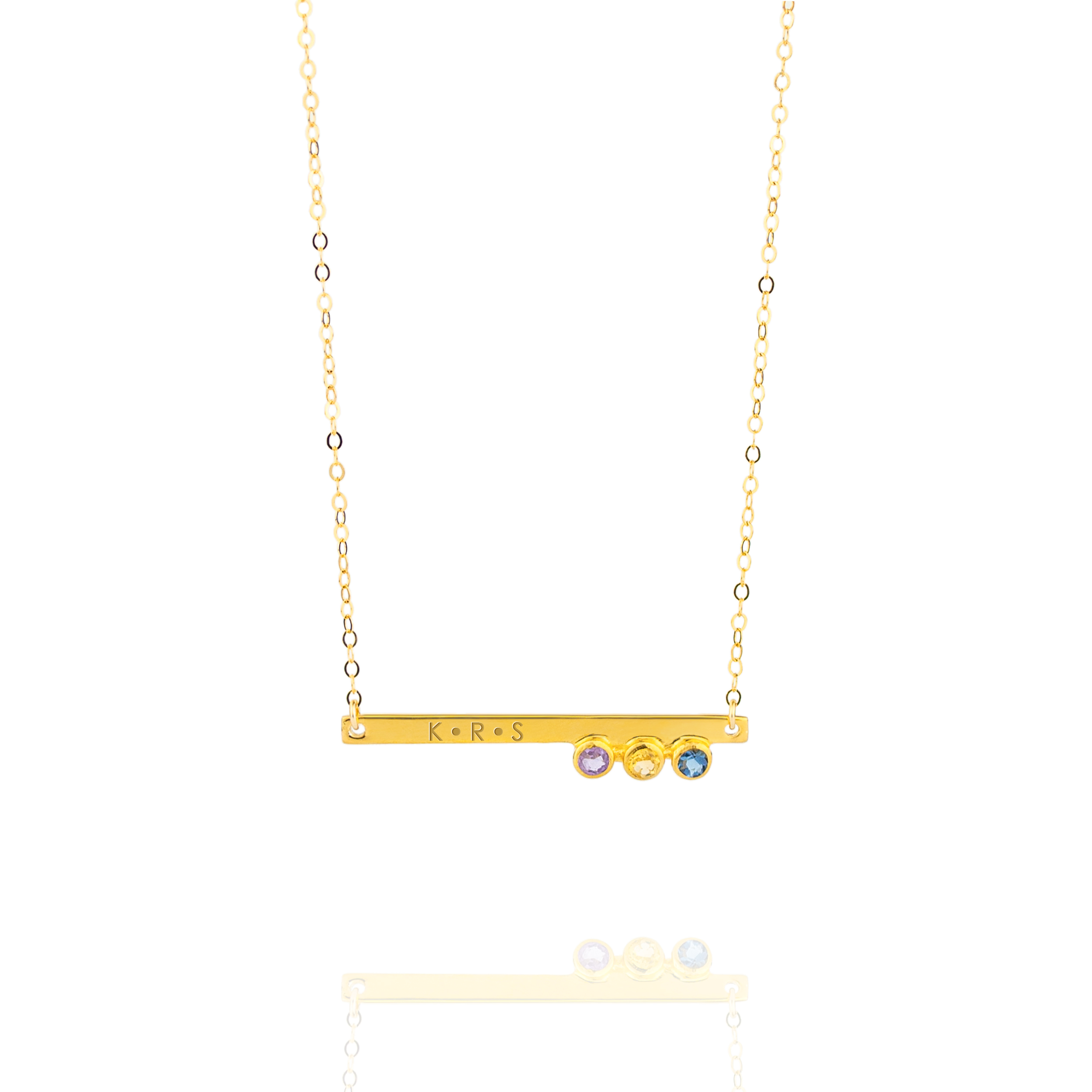 Gold plated skinny bar with initials engraved with the purple amethyst, citrine and iolite birthstones.