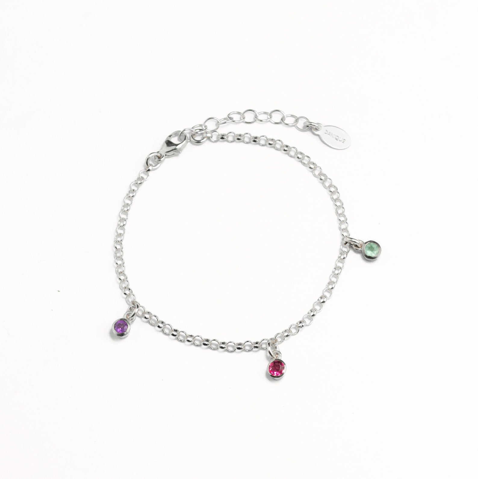 gift for mom of three, 925 silver gemstone bracelet with purple amethyst, ruby quartz and aqua chalcedony.
