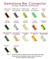 Adira gemstone bar connectors come in a variety of stone options including garnet, purple amethyst, green amethyst, aqua, clear, green onyx, alexandrite, moonstone, ruby, peridot, kyanite, pink chalcedony, opalite, citrine sky blue, copper turquoise, labradorite, green tourmaline, and black onyx.