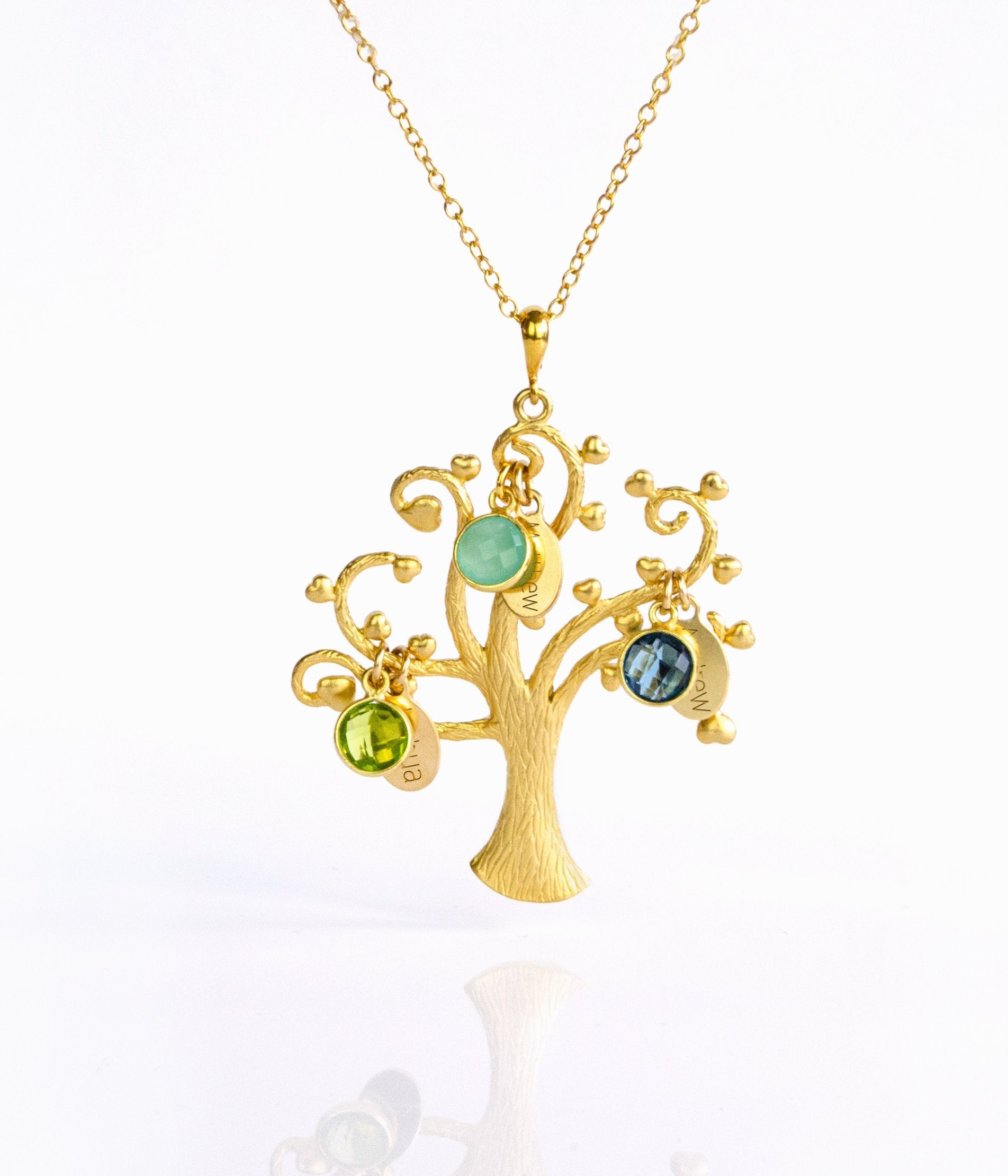 Single gold filled swirly tree necklace with engraved name tags and peridot, aqua chalcedony and kyanite birthstones.