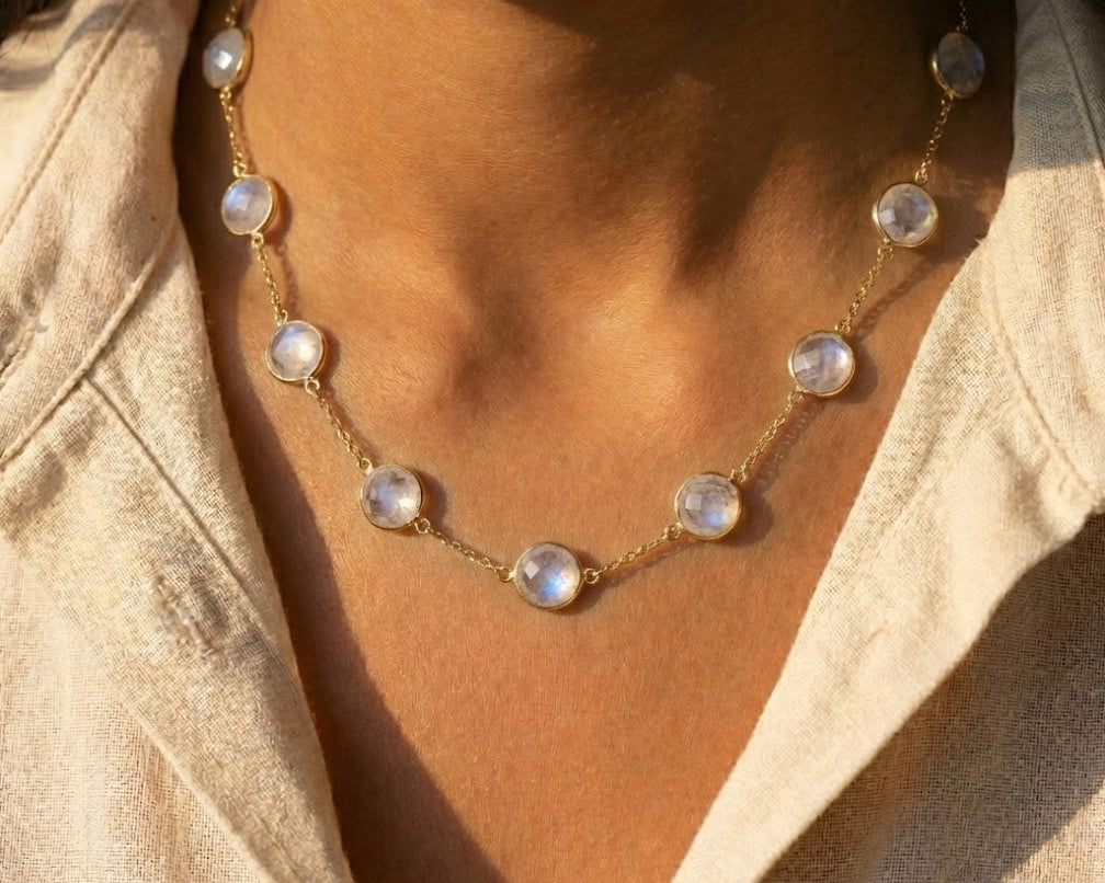 Taylor Swift inspired moonstone station necklace with 10mm gemstones on gold chain, dainty celebrity inspired gemstone necklace, minimalist layered moonstone jewelry, elegant station necklace for women