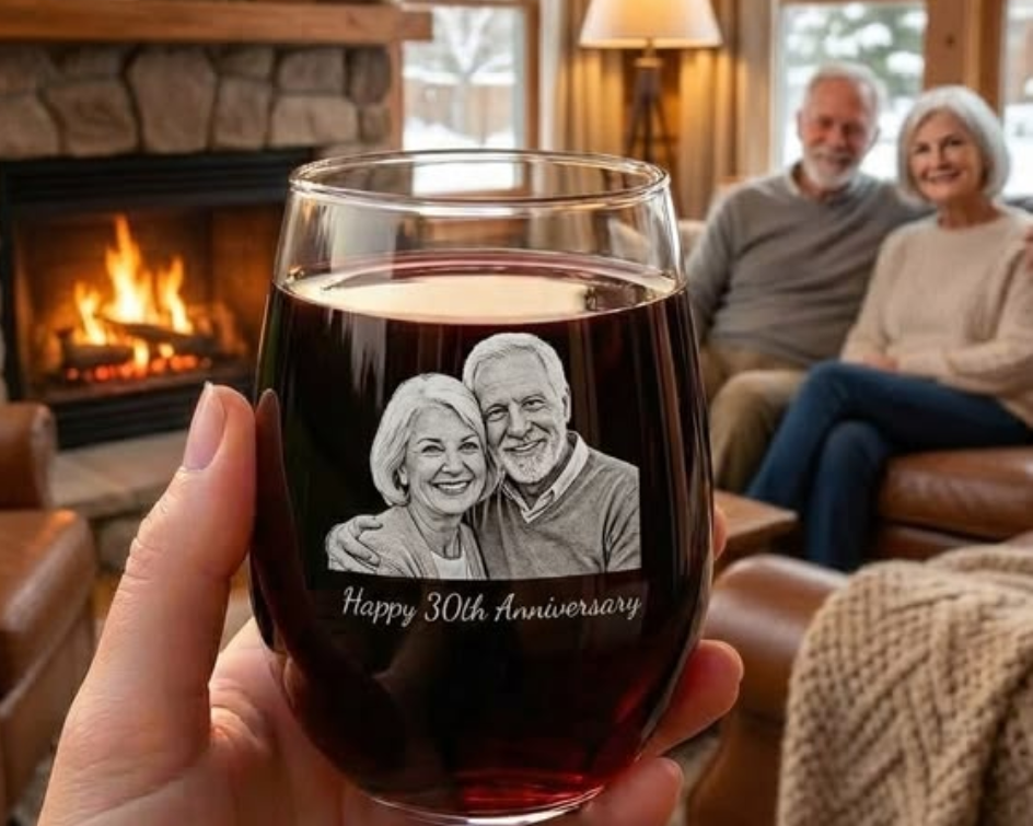 Personalized wine glass engraved with a couple’s photo and anniversary message, filled with red wine and held in front of a cozy fireplace scene, a meaningful custom anniversary gift for couples and wine lovers.