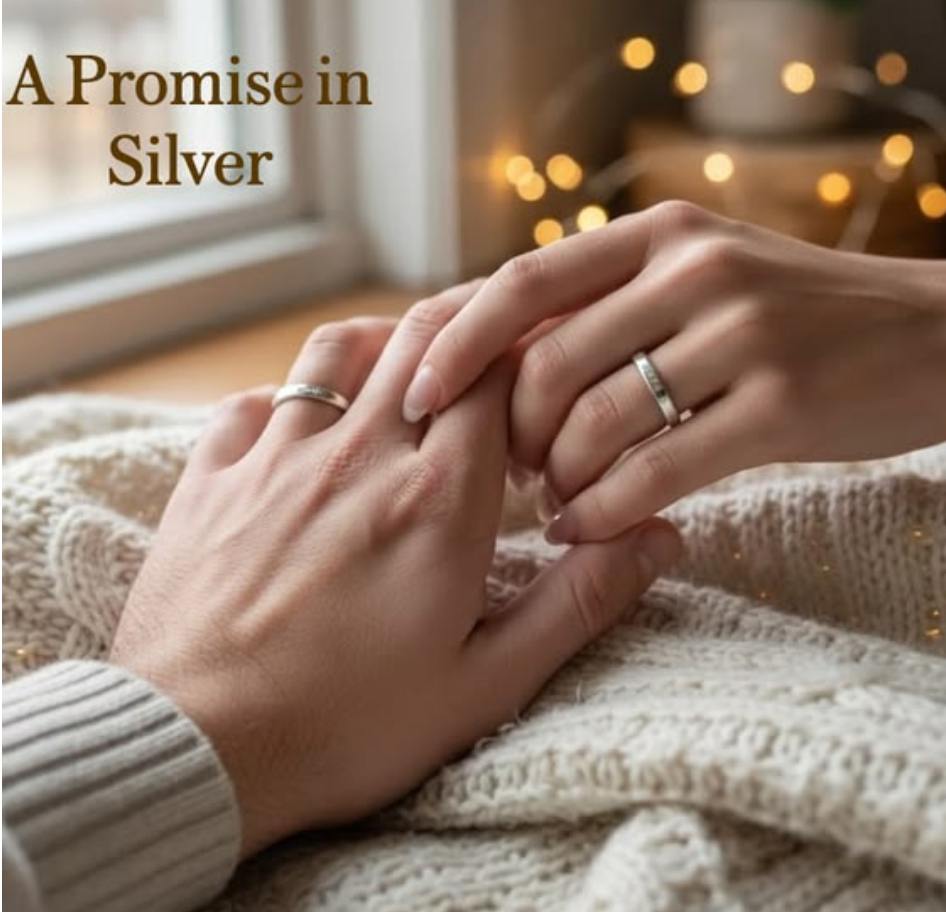 Couple holding hands wearing matching engraved silver promise rings, minimalist custom bands symbolizing love and commitment, romantic jewelry gift for couples, anniversary or promise ring exchange.