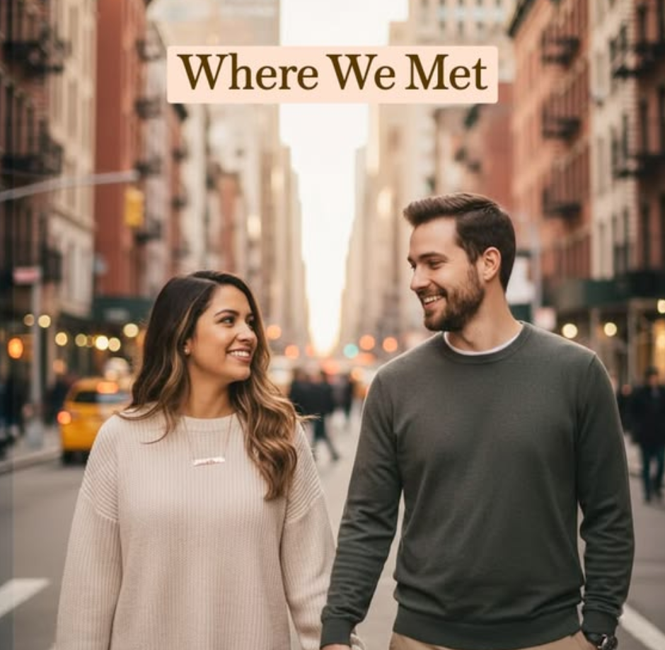 Couple walking together in a city street wearing a custom skyline bar necklace, romantic “where we met” jewelry featuring an engraved city skyline pendant, meaningful anniversary or travel memory gift.