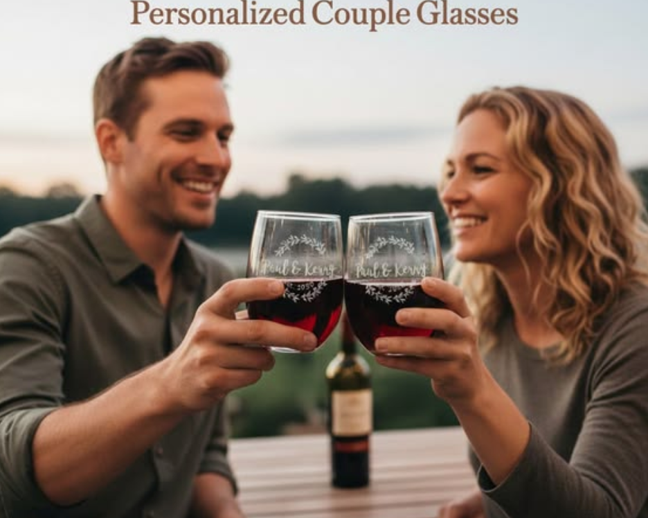 Couple toasting with personalized engraved wine glasses filled with red wine, romantic custom glassware gift for weddings or anniversaries, featuring names and decorative engraving for couples celebrating love.