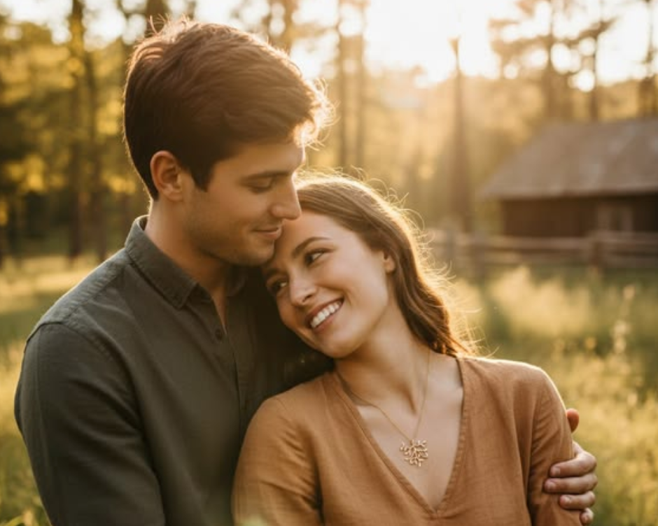 Romantic couple embracing outdoors at sunset, woman wearing a family tree necklace with engraved names symbolizing love, motherhood, and family connection, meaningful personalized jewelry gift for mom or grandmother.